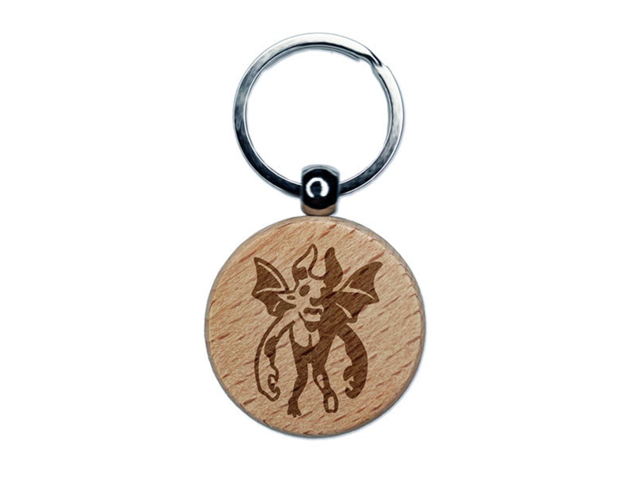Flying Gargoyle Demon Wings Horns Monster Devil Engraved Wood Round Keychain Tag Charm
